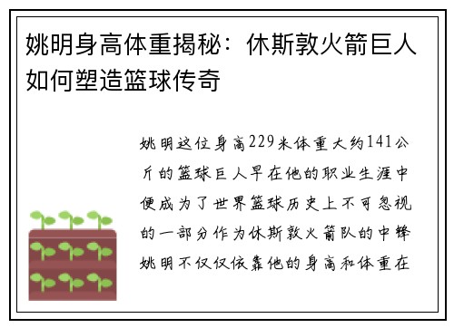 姚明身高体重揭秘：休斯敦火箭巨人如何塑造篮球传奇